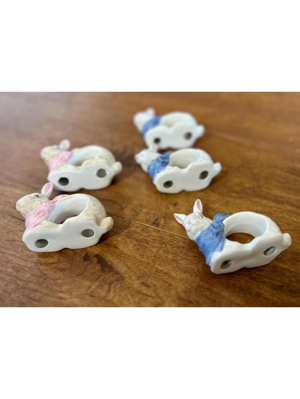 Set of 5 Vintage Ceramic Bunny Napkin Rings with Pink and Blue Bows